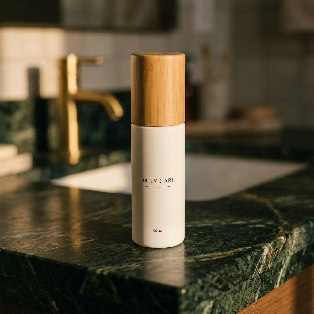 The same DAILY CARE bottle moved onto a dark green marble counter The same DAILY CARE bottle moved onto a dark green marble counter