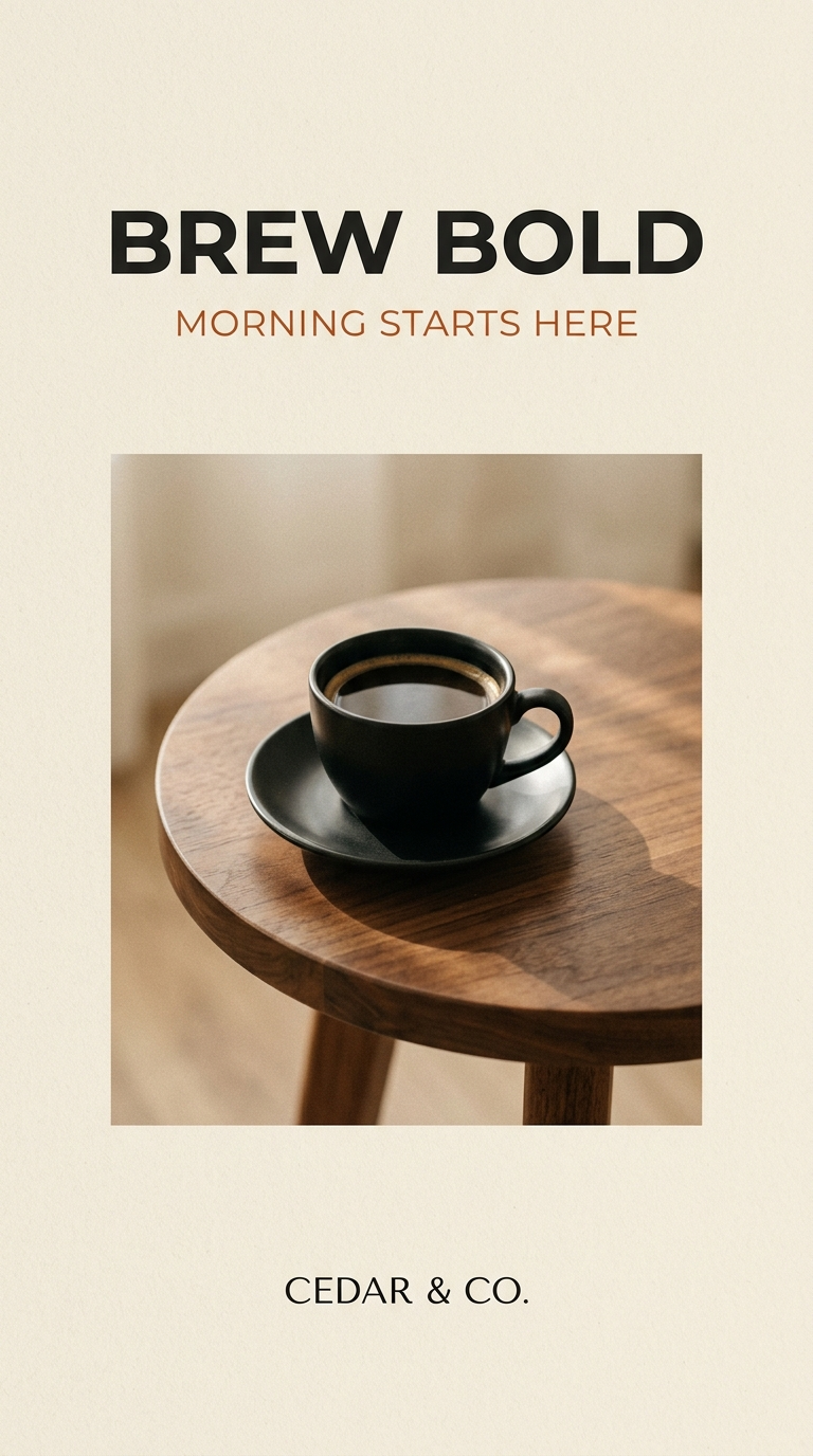 Nano Banana 2.1 coffee poster with the headline BREW BOLD and a black cup on a walnut table Nano Banana 2.1 coffee poster with the headline BREW BOLD and a black cup on a walnut table