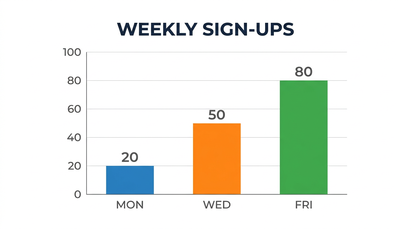 Bar chart titled Weekly Sign-Ups with blue, orange, and green bars at 20, 50, and 80 Bar chart titled Weekly Sign-Ups with blue, orange, and green bars at 20, 50, and 80