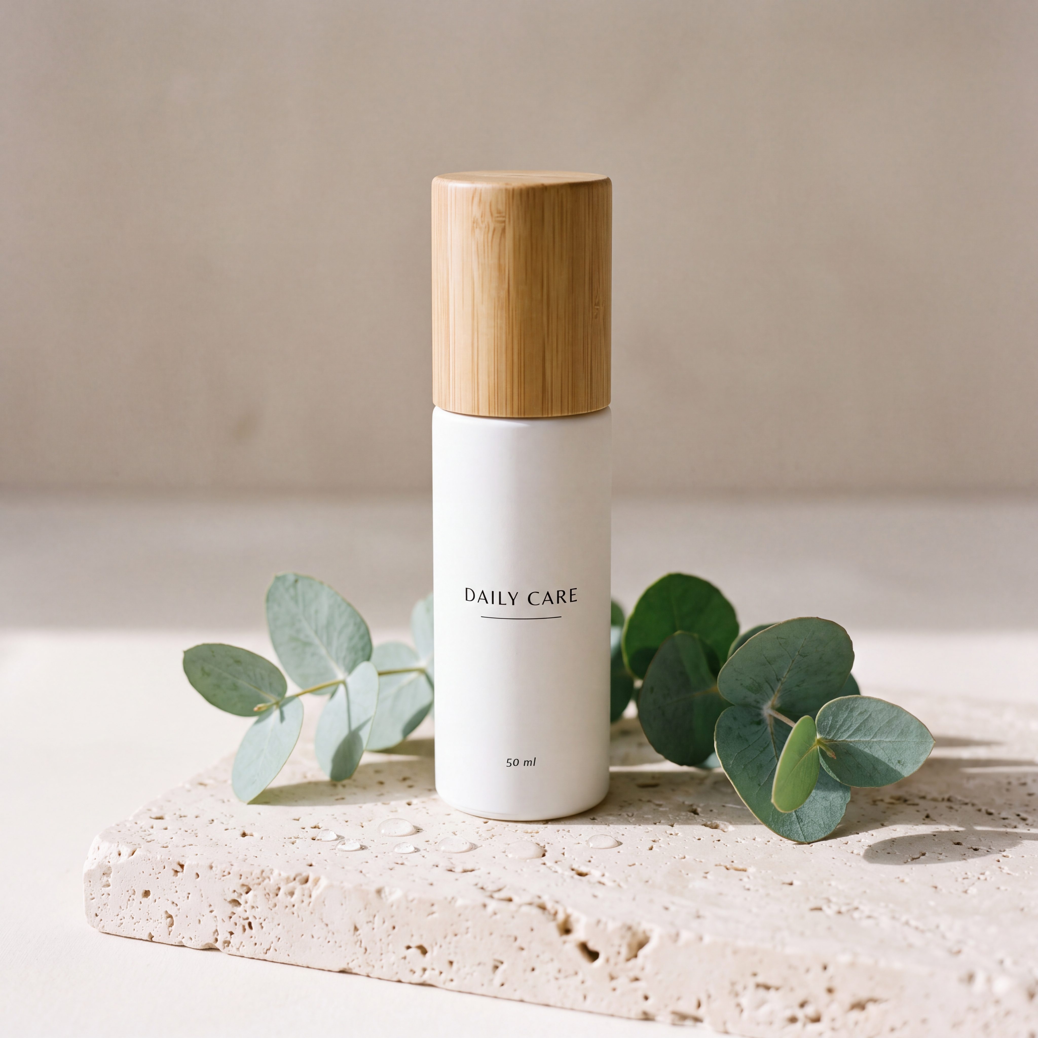 Nano Banana 2.1 4K product photo of a white DAILY CARE bottle with a bamboo cap on travertine Nano Banana 2.1 4K product photo of a white DAILY CARE bottle with a bamboo cap on travertine