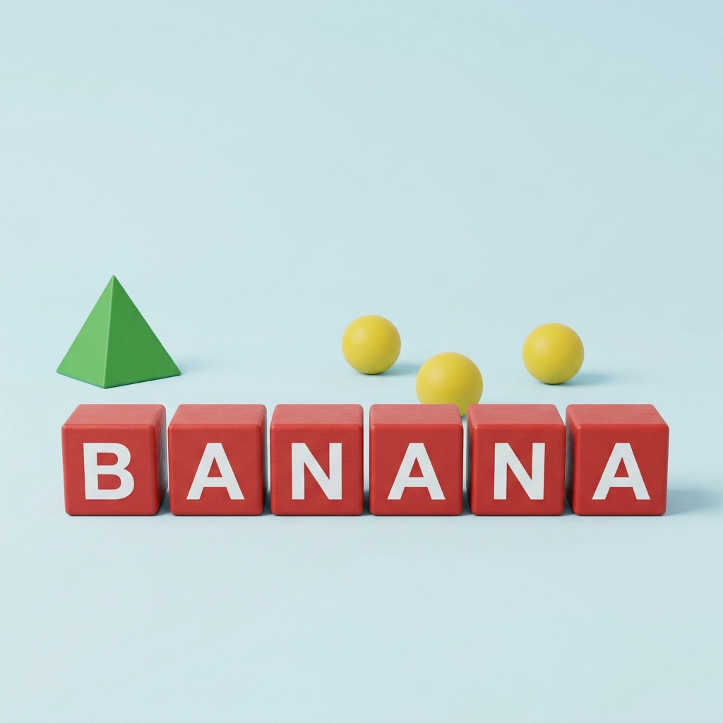 Six red cubes spelling BANANA with three yellow spheres and a green pyramid on a pale-blue background Six red cubes spelling BANANA with three yellow spheres and a green pyramid on a pale-blue background