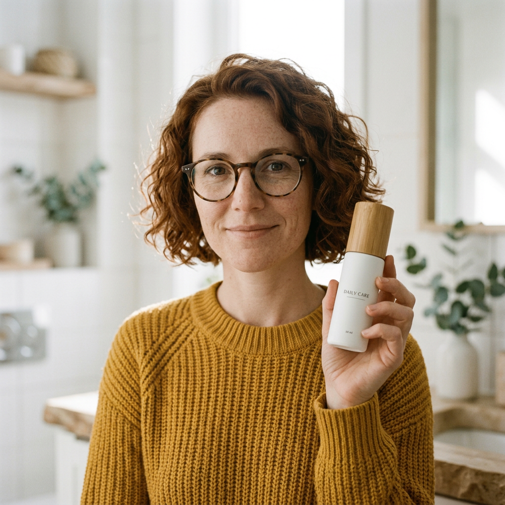 Woman in a mustard sweater holding the DAILY CARE bottle in a bright bathroom Woman in a mustard sweater holding the DAILY CARE bottle in a bright bathroom