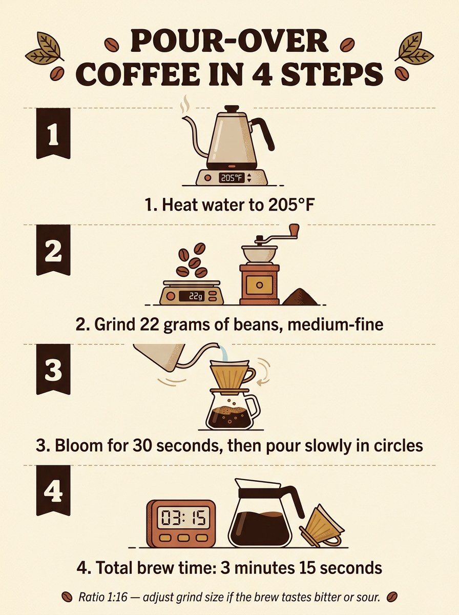 Nano Banana 2.1 infographic titled Pour-Over Coffee in 4 Steps with four captioned panels Nano Banana 2.1 infographic titled Pour-Over Coffee in 4 Steps with four captioned panels