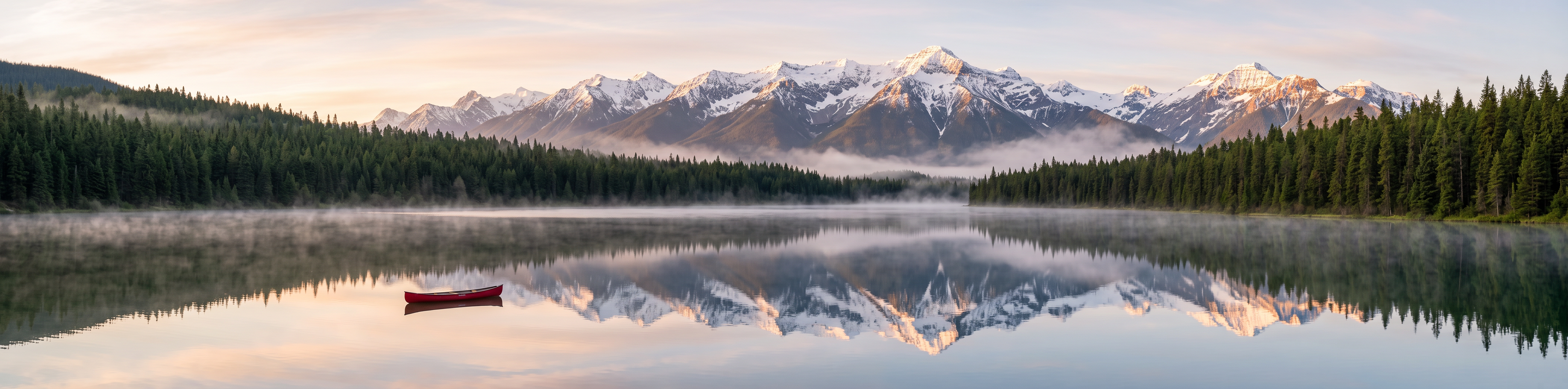 Panoramic alpine lake at sunrise with a red canoe and mountain reflections Panoramic alpine lake at sunrise with a red canoe and mountain reflections